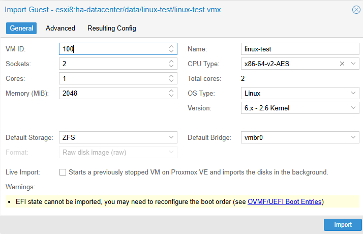 如何將VMware ESXi的VM轉移到Proxmox VE | ESXi VM 轉移到 PVE 7 ESXi VM 轉移到 PVE 操作介面畫面